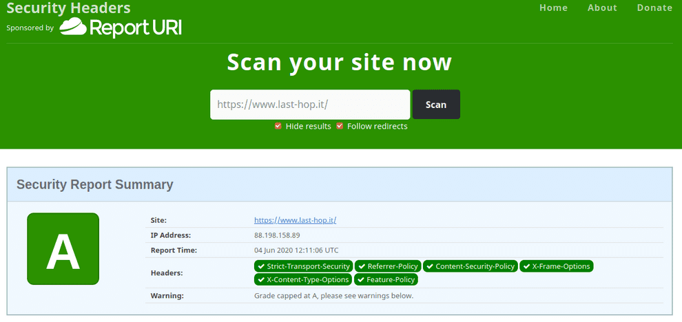 Una scansione con securityheaders.com
